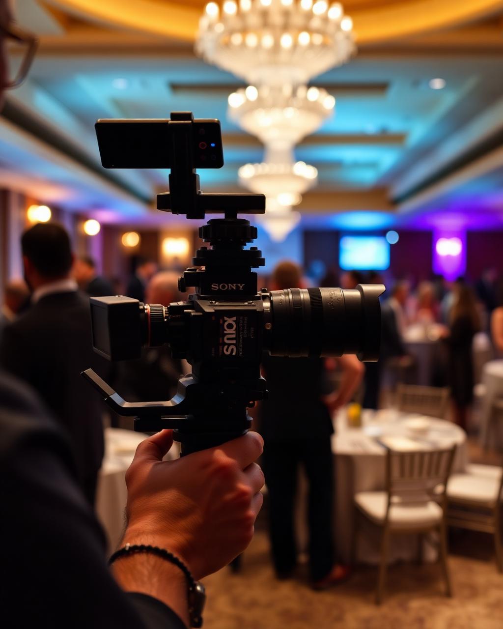 Framed Productions videographer with Sony cinema camera filming a corporate event in an Austin ballroom
